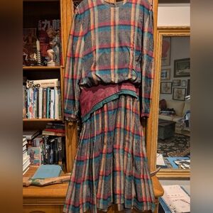 Plaid Midi Dress with Burgundy and Teal Accents